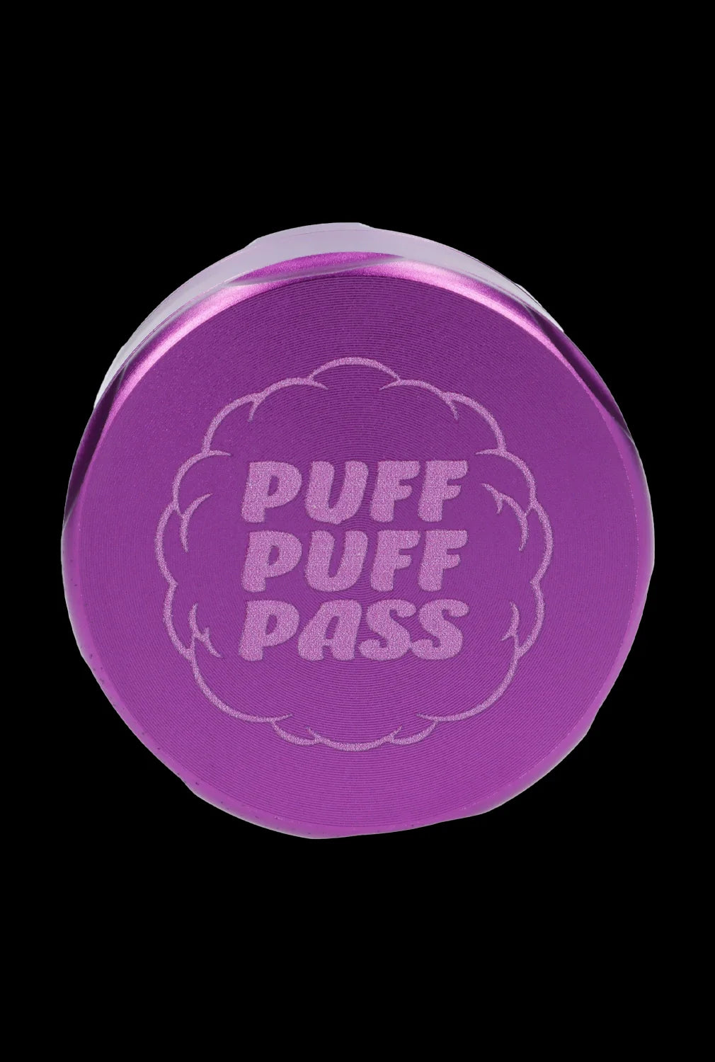 Purple cannabis grinder with “PUFF PUFF PASS” engraved on the lid.