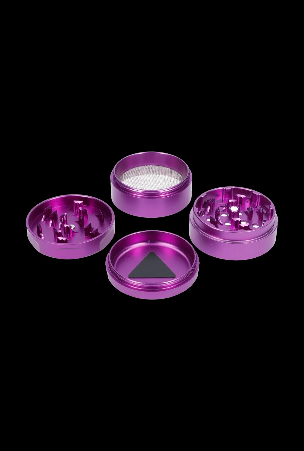Purple four-piece cannabis grinder disassembled, showing each component against a black background."