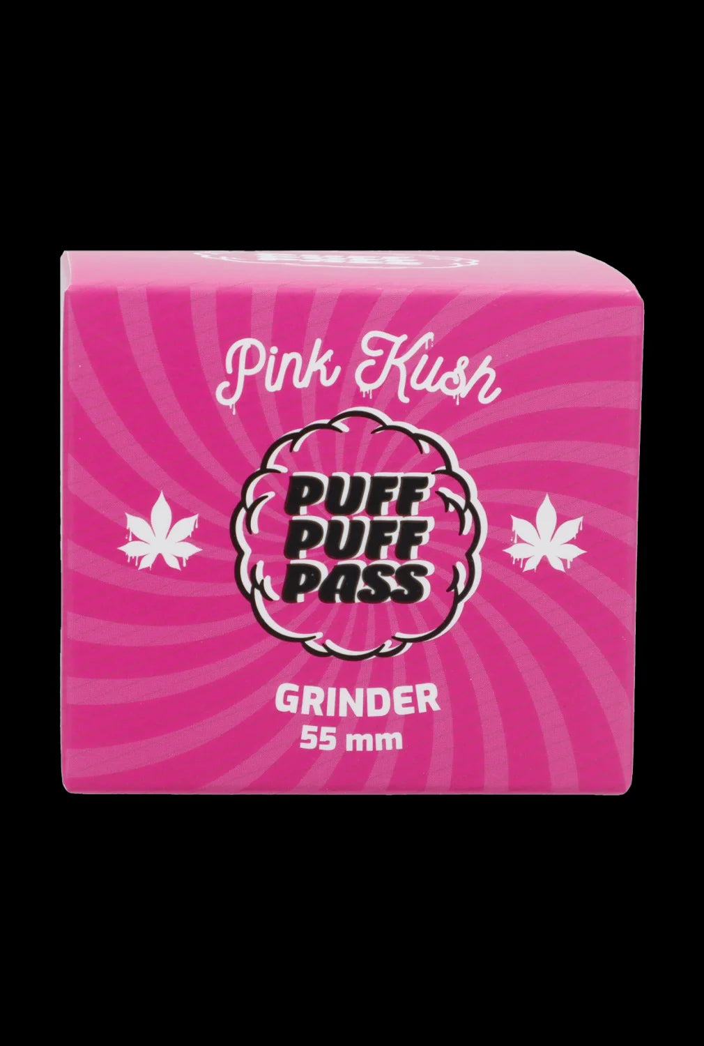 Pink Kush grinder box with cannabis leaf graphics.