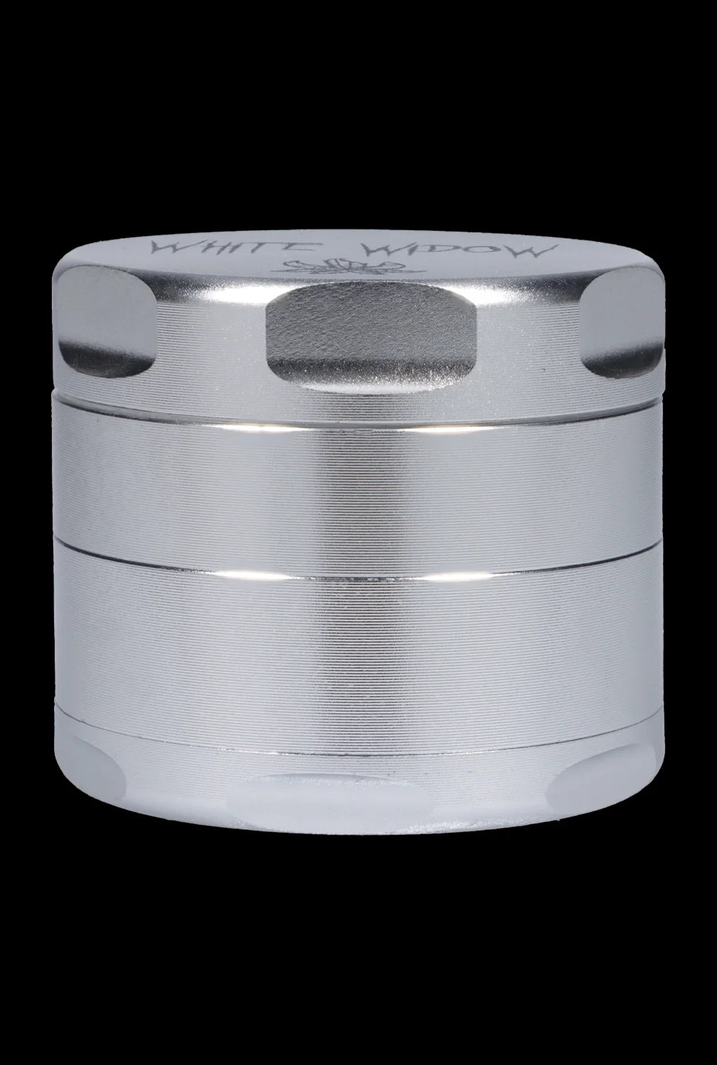 Silver four-piece cannabis grinder.