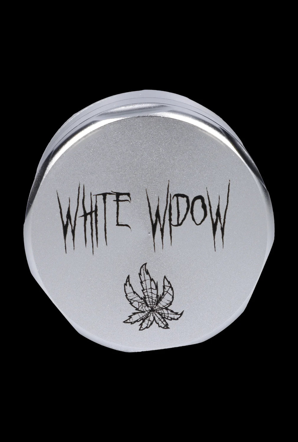 Close-up of a metal tin labeled "White Widow" with a cannabis leaf design.