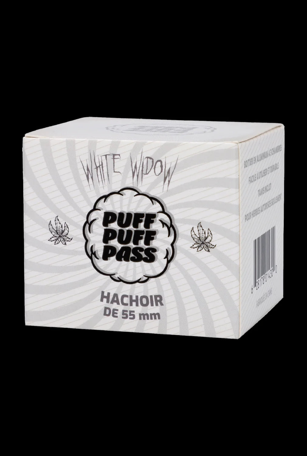 White Widow cannabis grinder box with leaf graphics and barcode.