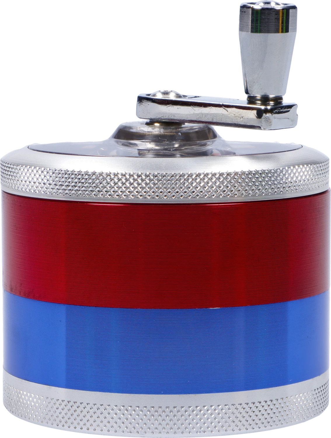 Close-up side view of the CNC Aluminum Grinder-Assorted (OEM Colors)-62mm showing its red and blue anodized body, knurled silver top edge, and chrome crank handle.
