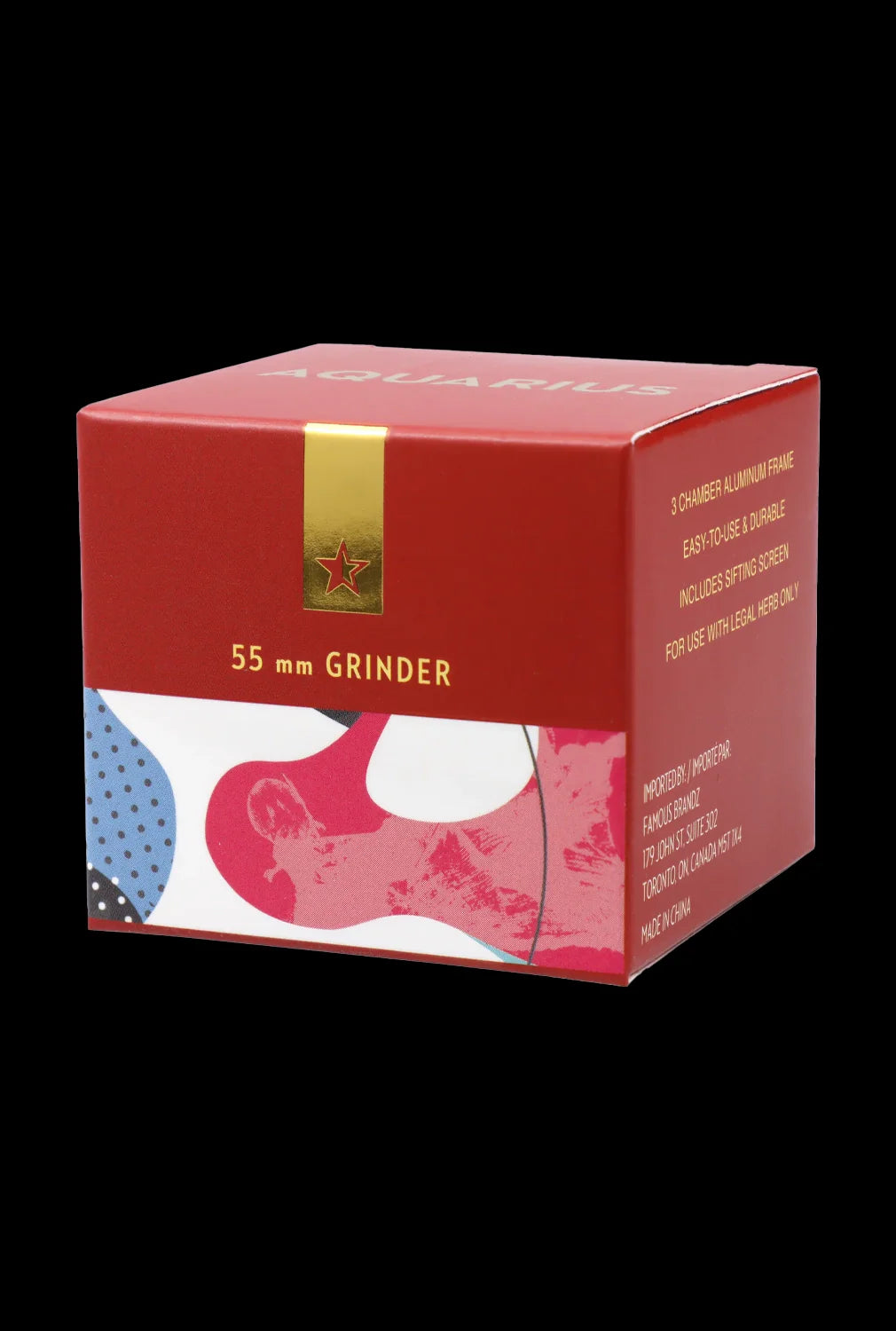 Red box with colorful design and text on a black background