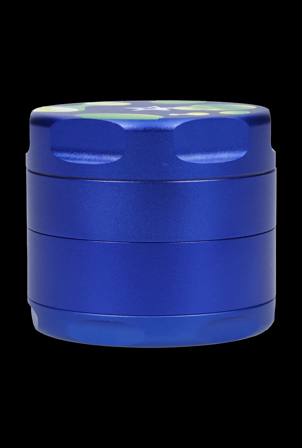 Close-up front view of the blue Famous Design-Privilege Aluminum 3 Stage Grinder-Blue showing its three stacked metal sections and textured top against a black background