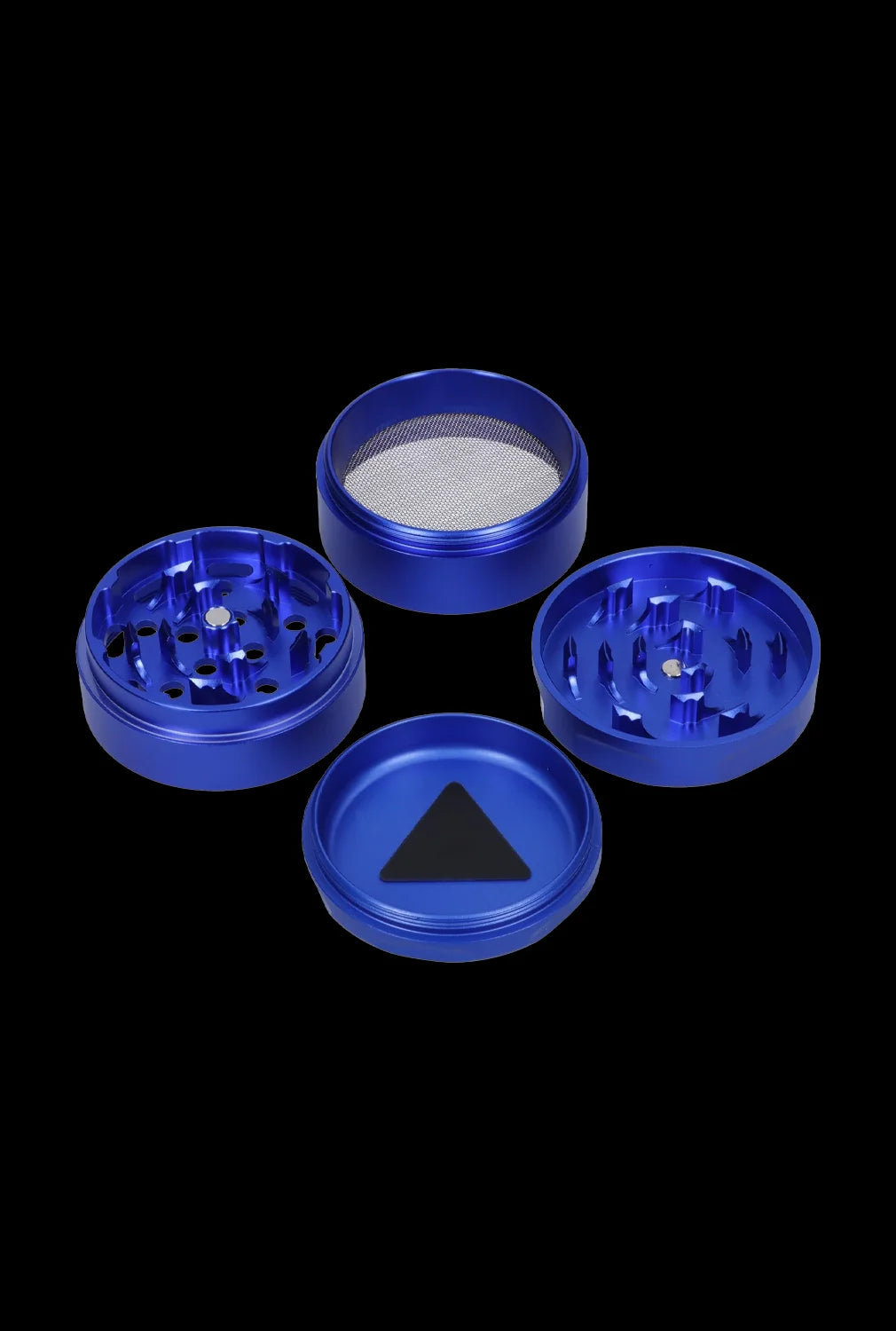 Top-down view of the disassembled Famous Design-Privilege Aluminum 3 Stage Grinder-Blue showing four metallic blue pieces and a fine mesh screen against a black background.