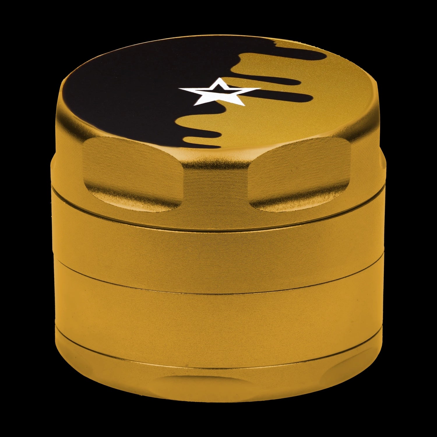 Close-up front view of the gold Famous Design-Surrender Aluminum 3 Stage Grinder-Gold showing its textured cylindrical body and black-topped lid with a white star.