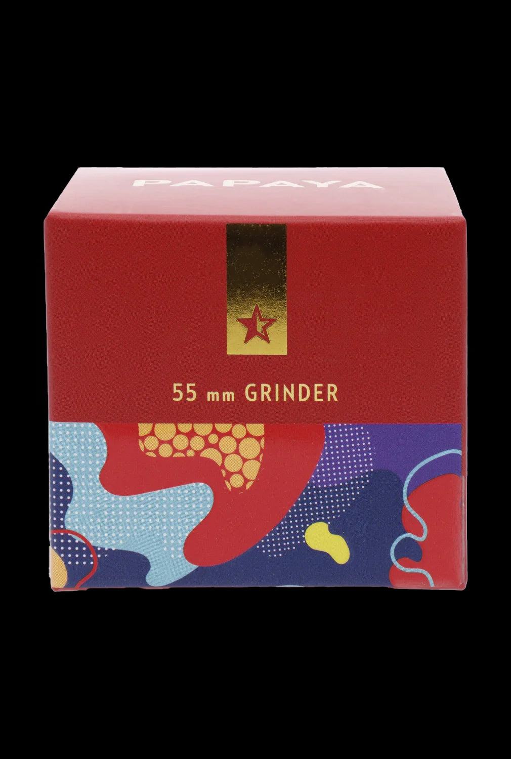 Front-facing shot of the Famous Design-Papaya Aluminum 3 Stage Grinder-Rose Gold box with red top, gold label and colorful abstract lower panel.