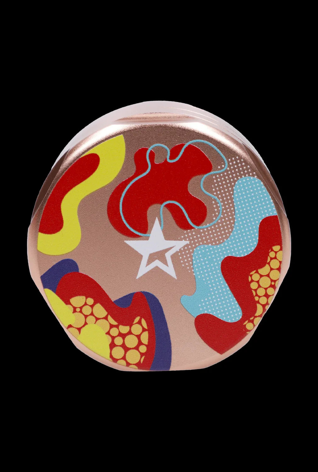 Top-down view of the Famous Design-Papaya Aluminum 3 Stage Grinder-Rose Gold showing its round rose-gold lid with colorful abstract shapes and a white star.
