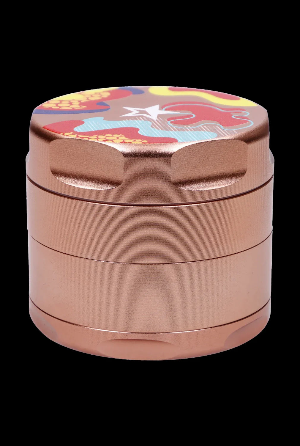 Close-up front view of the Famous Design-Papaya Aluminum 3 Stage Grinder-Rose Gold showing its cylindrical, three-tiered rose gold body and colorful patterned lid.