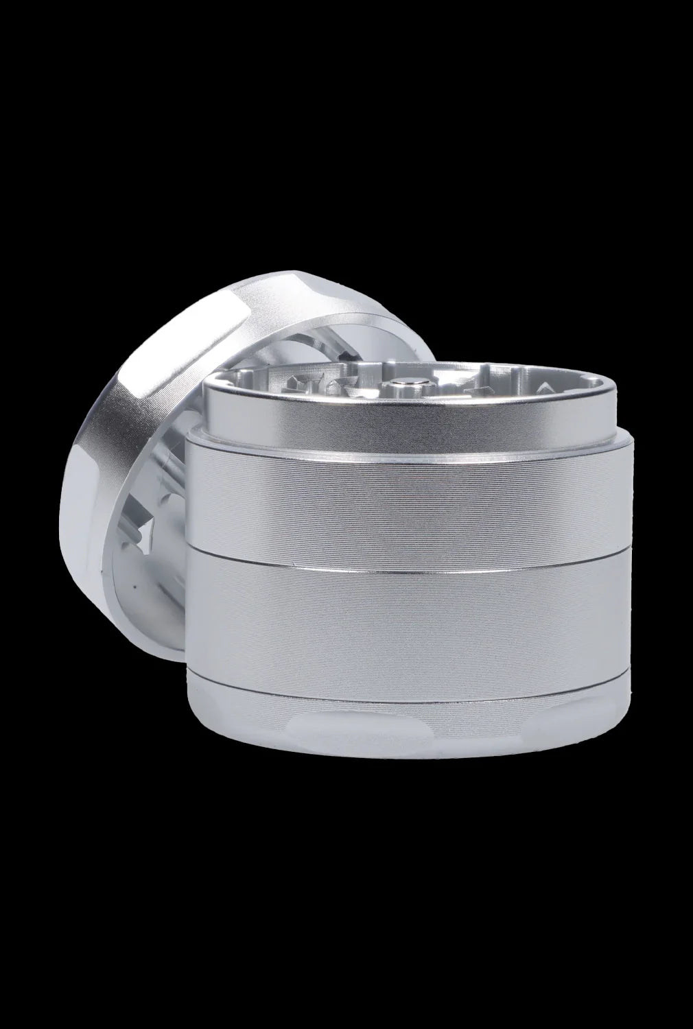 Close-up front three-quarter view of the silver Famous Design-Space Aluminum 3 Stage Grinder-Silver against a black background.