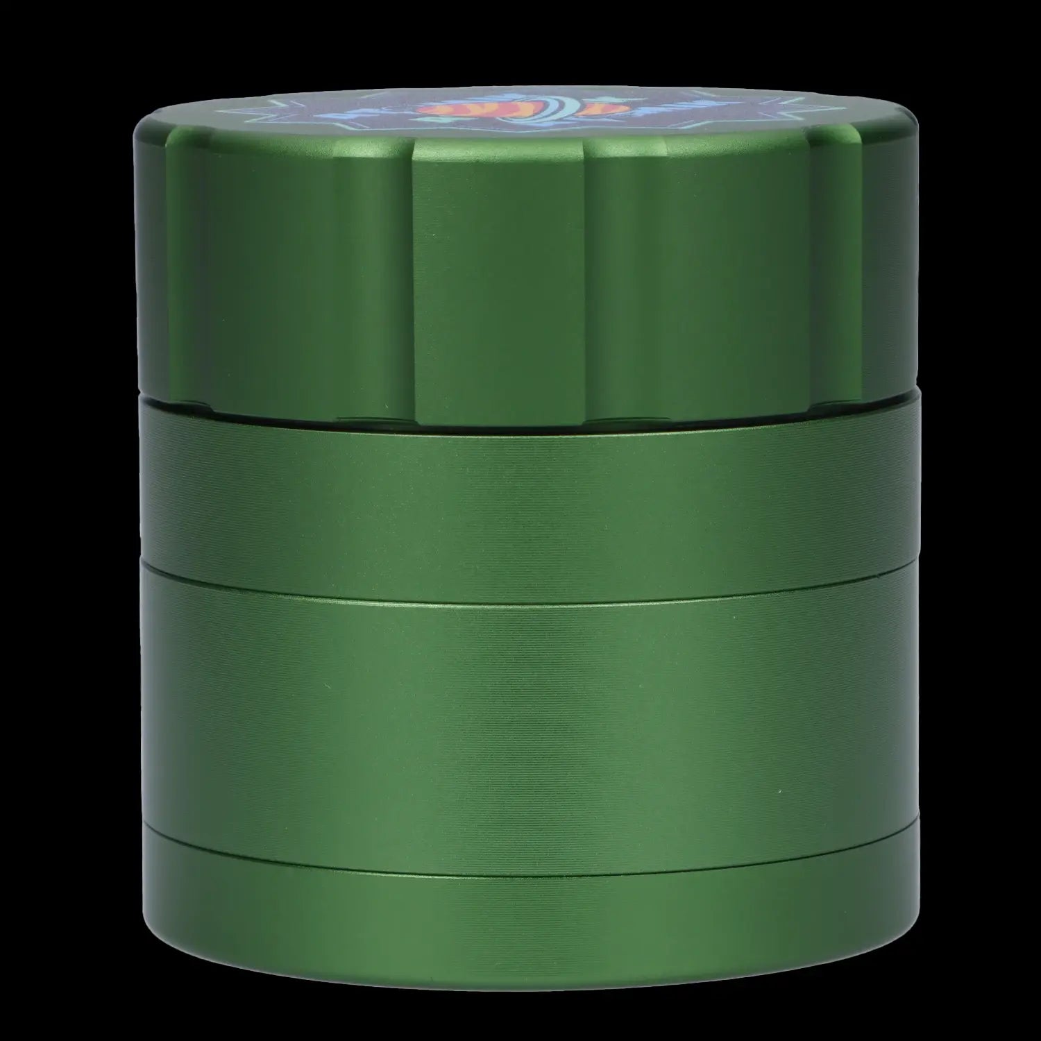 Green four-chamber cannabis grinder with a patterned top.