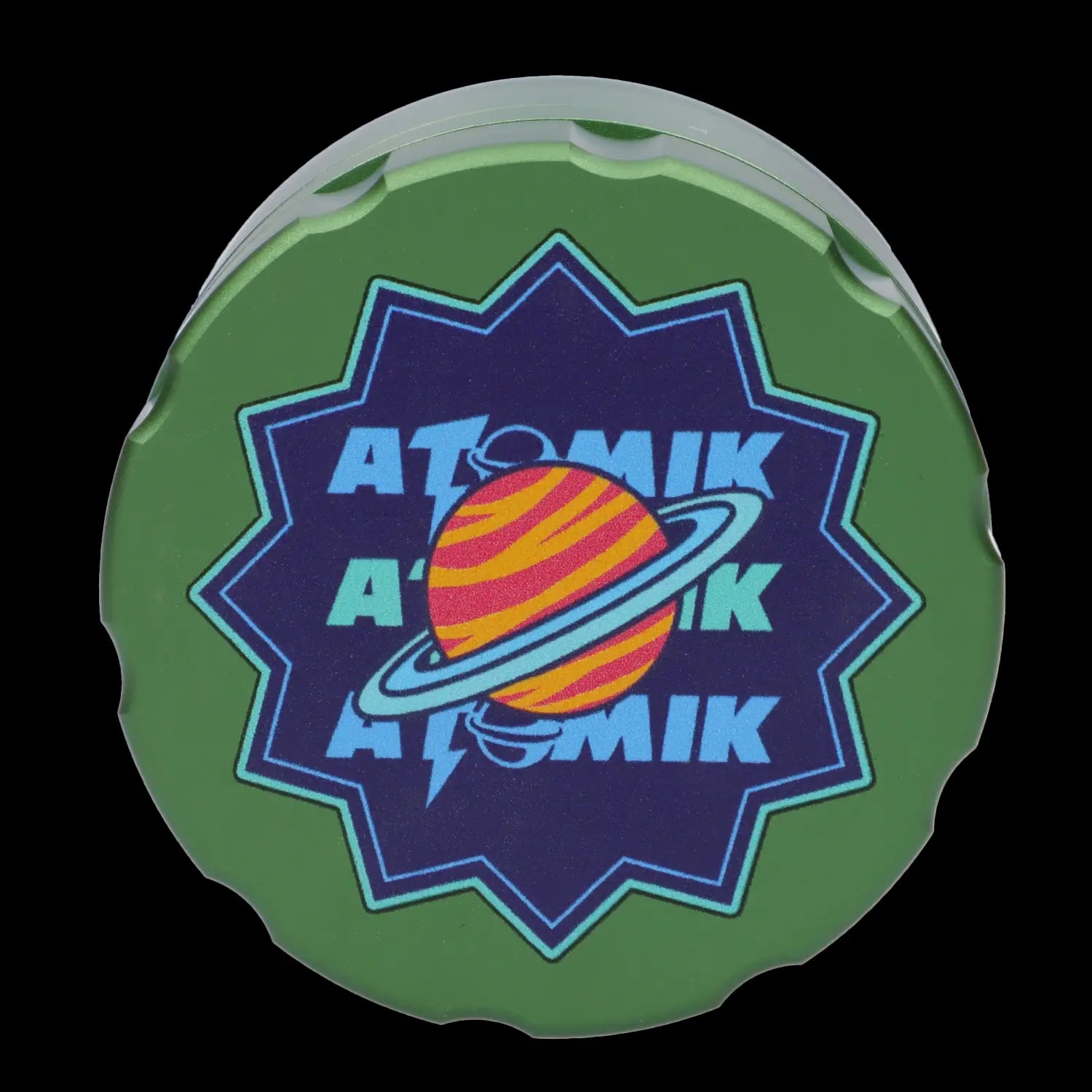 Green silicone container lid with a vibrant cosmic design featuring the brand name “ATOMIK” and a planet with rings.