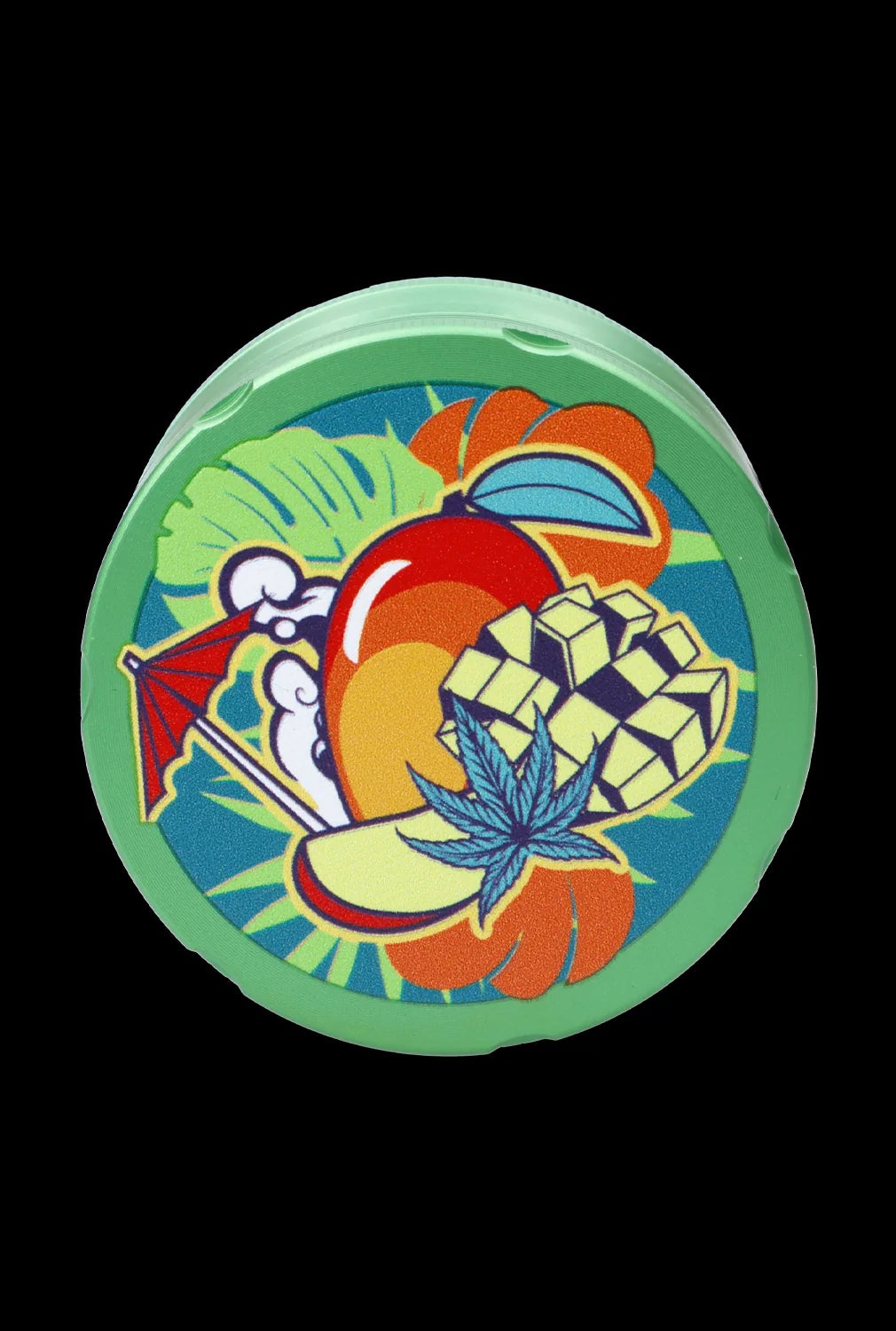 Top-down view of the Cabana Cannabis Co. 3-Stage Grinder Parasol Green showing a circular green lid with colorful tropical fruit, a small umbrella, and a blue cannabis leaf graphic.