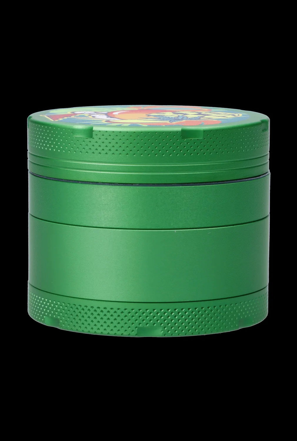 Close-up front view of a green Cabana Cannabis Co. 3-Stage Grinder Parasol Green on a black background.