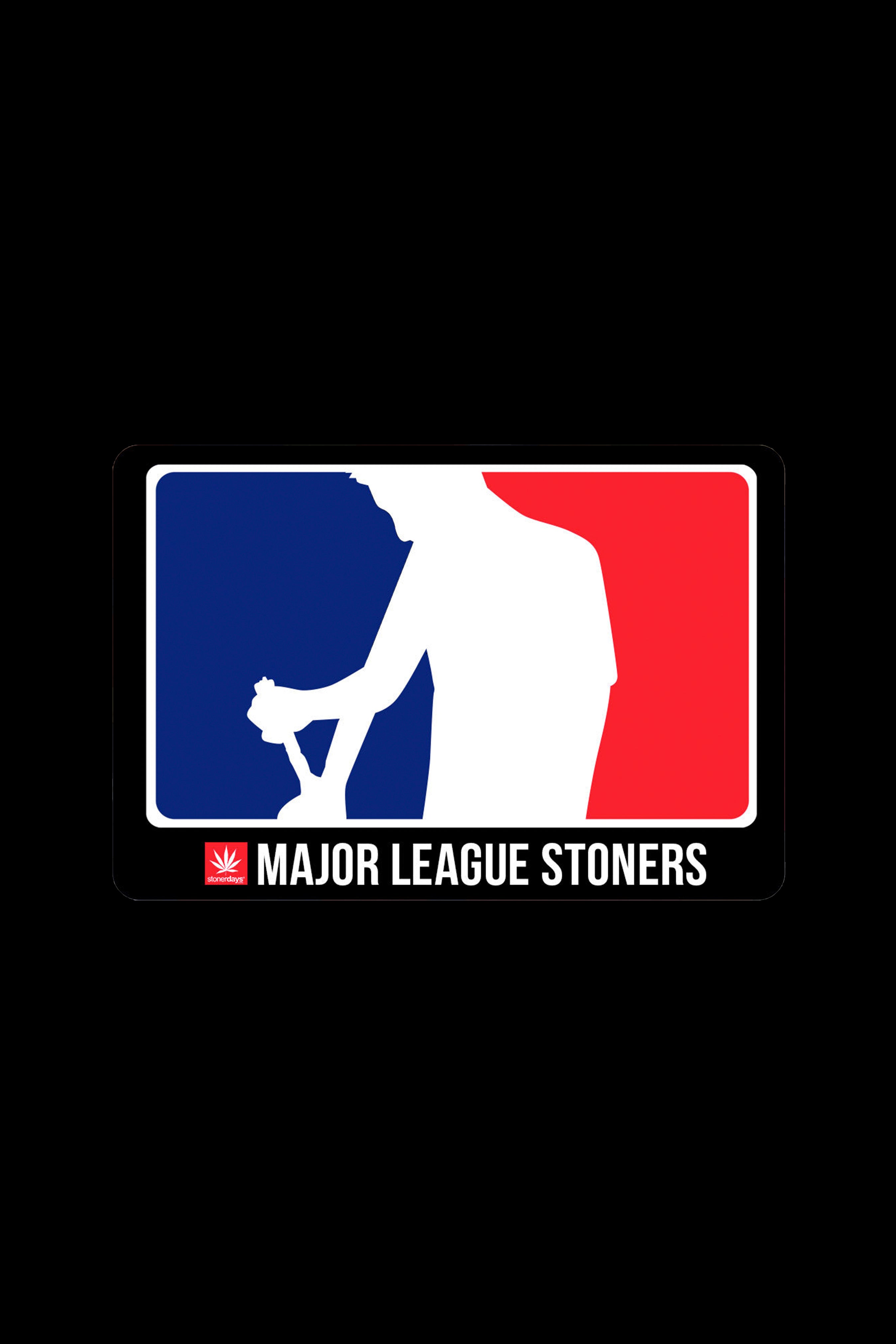 A white silhouette of a person holding a glass pipe within a blue and red baseball-style logo that reads “MAJOR LEAGUE STONERS” with a cannabis leaf icon.