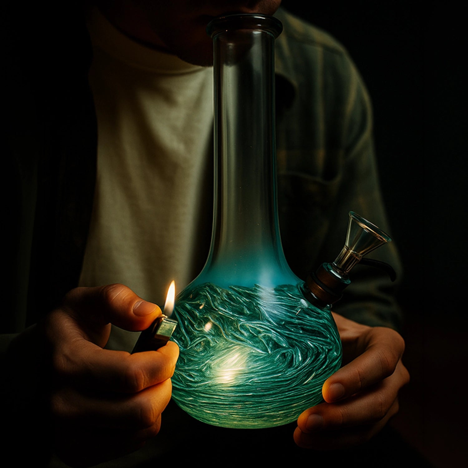 Close-up of a person holding the LA Pipes Raked Tiger Stripe Accented Beaker Bong, showing a teal-blue swirled beaker base and tall neck lit by a lighter flame.