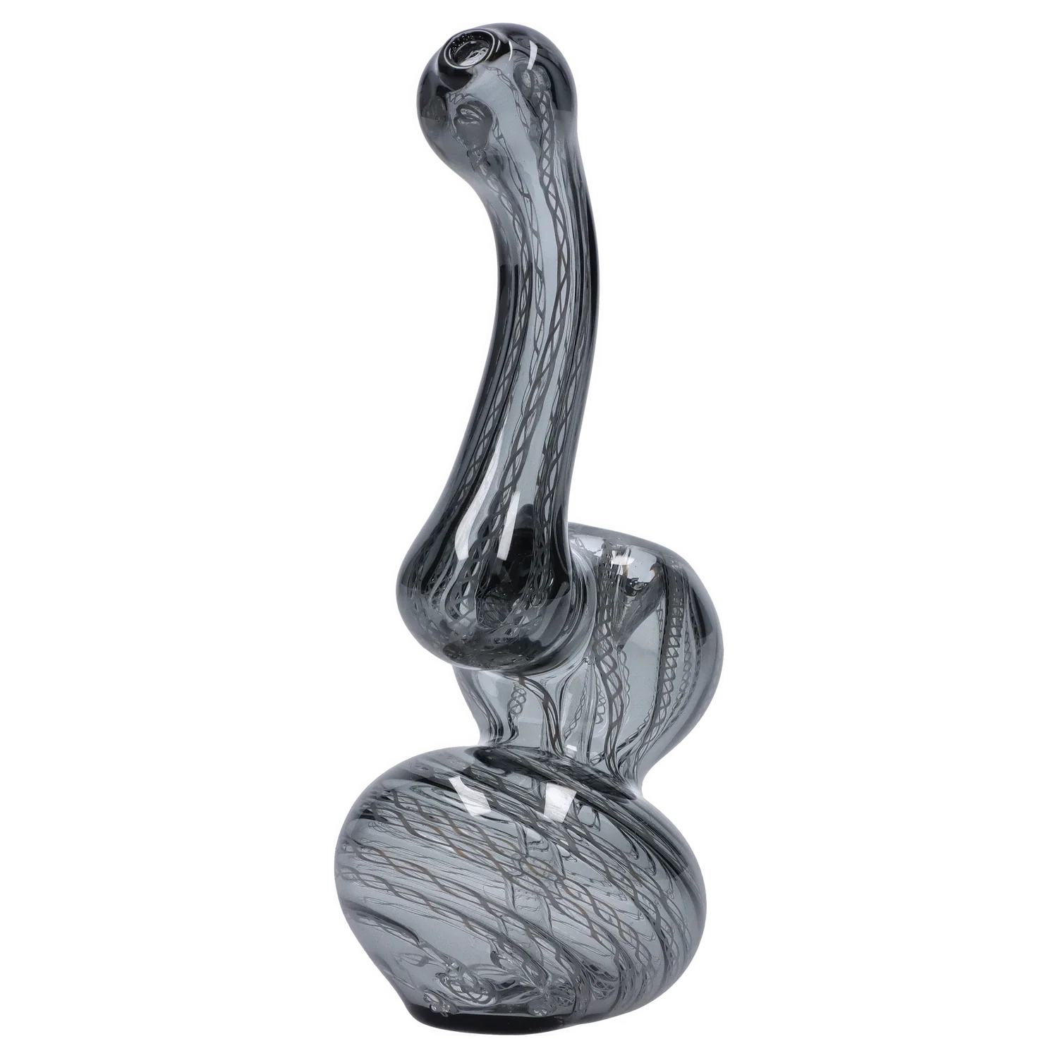 Close-up side view of the Smoke Cartel Mini Bubbler with Colored Tube showing its twisted double-bulb gray glass body and internal black ribbon pattern.