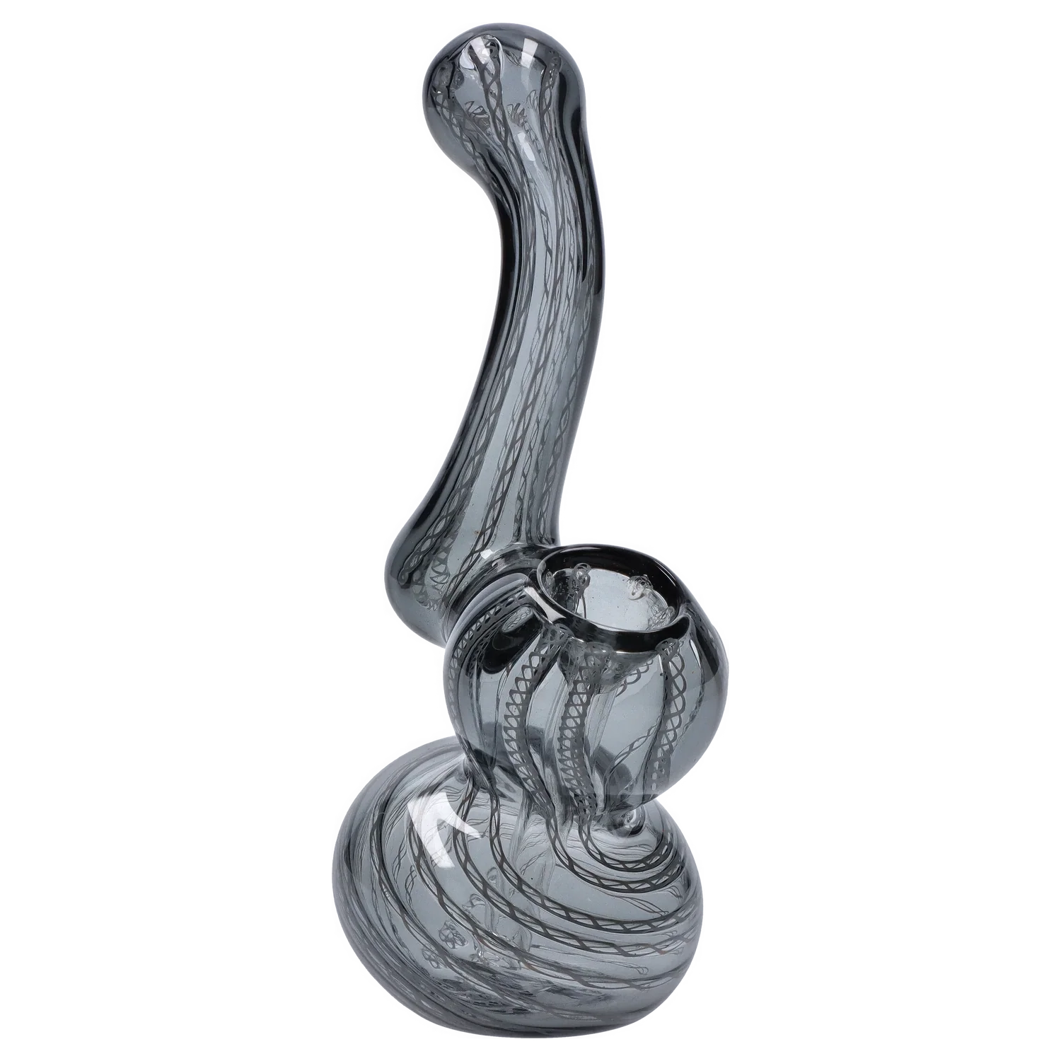 Angled close-up of the Smoke Cartel Mini Bubbler with Colored Tube showing its smoky glass body and swirling internal cane patterns.