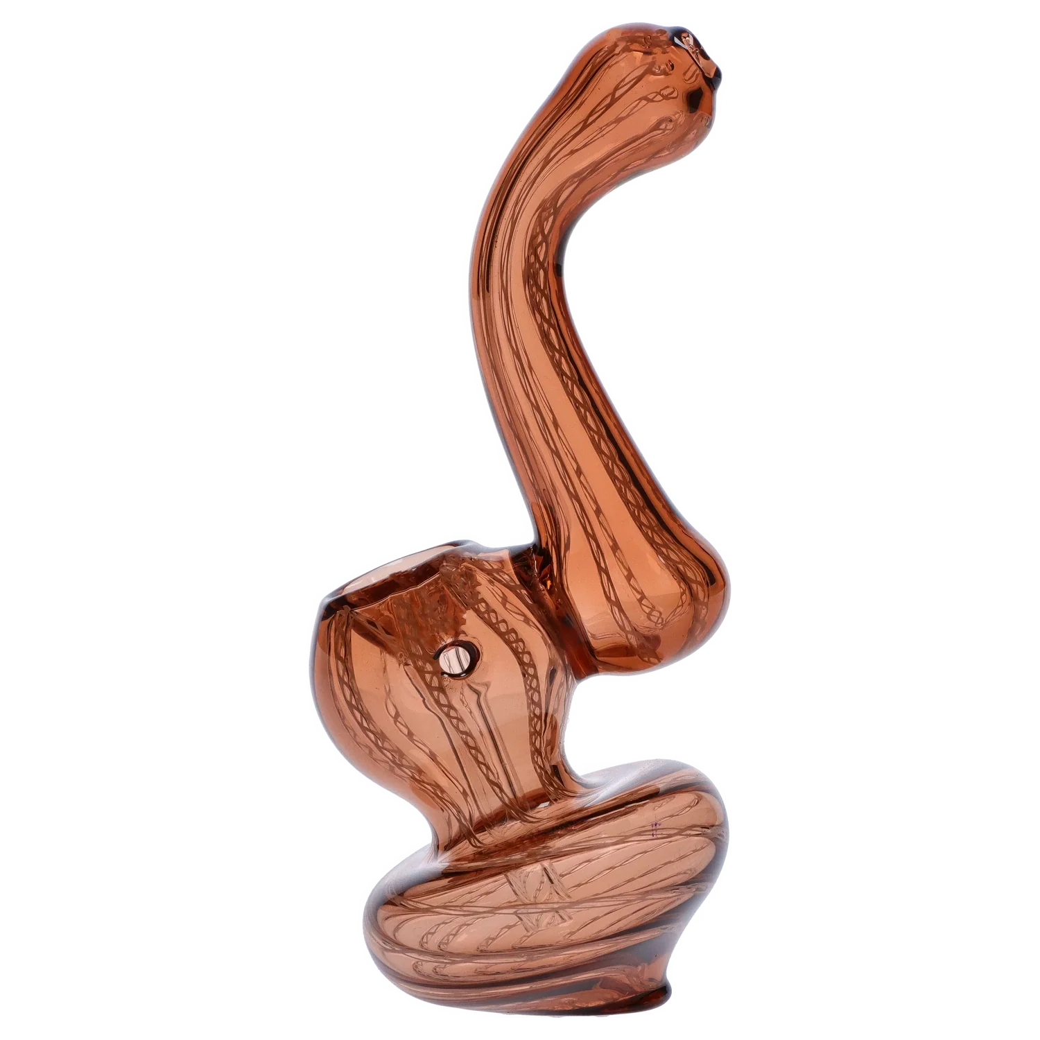 Angled side view of the Smoke Cartel Mini Bubbler with Colored Tube in amber glass showing its curved neck, bulbous chamber, and twisted base.
