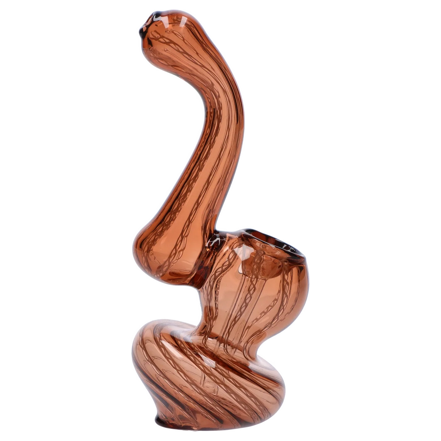 Side view of the Smoke Cartel Mini Bubbler with Colored Tube in amber glass, showing its twisted spiral base and curved neck against a white background.