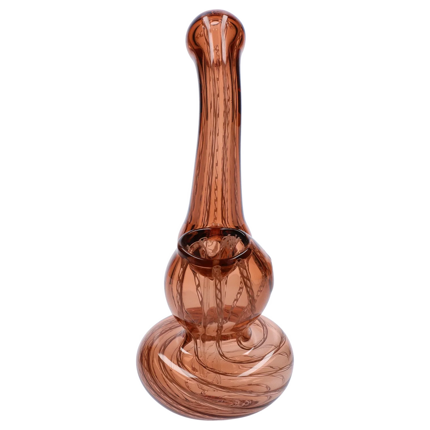 Centered front view of the Smoke Cartel Mini Bubbler with Colored Tube showing an amber glass bulb base and long swirled neck against a white background