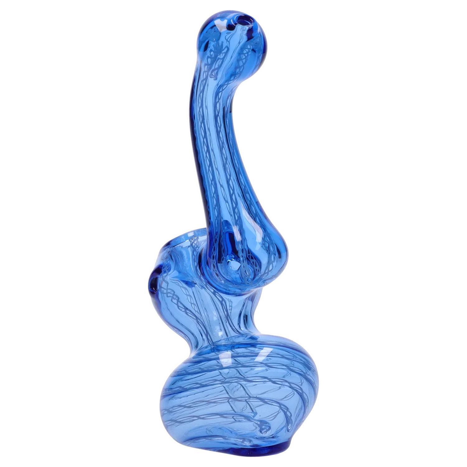 Angled close-up of the blue Smoke Cartel Mini Bubbler with Colored Tube showing its curved neck, bulbous base, and swirling internal ribbon pattern.