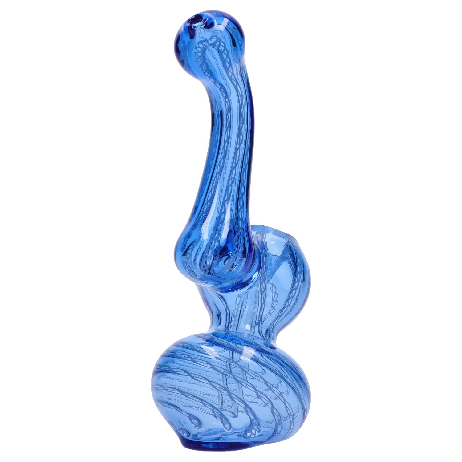 Diagonal close-up of the blue Smoke Cartel Mini Bubbler with Colored Tube showing its tall curved neck, rounded base, and internal swirl patterns