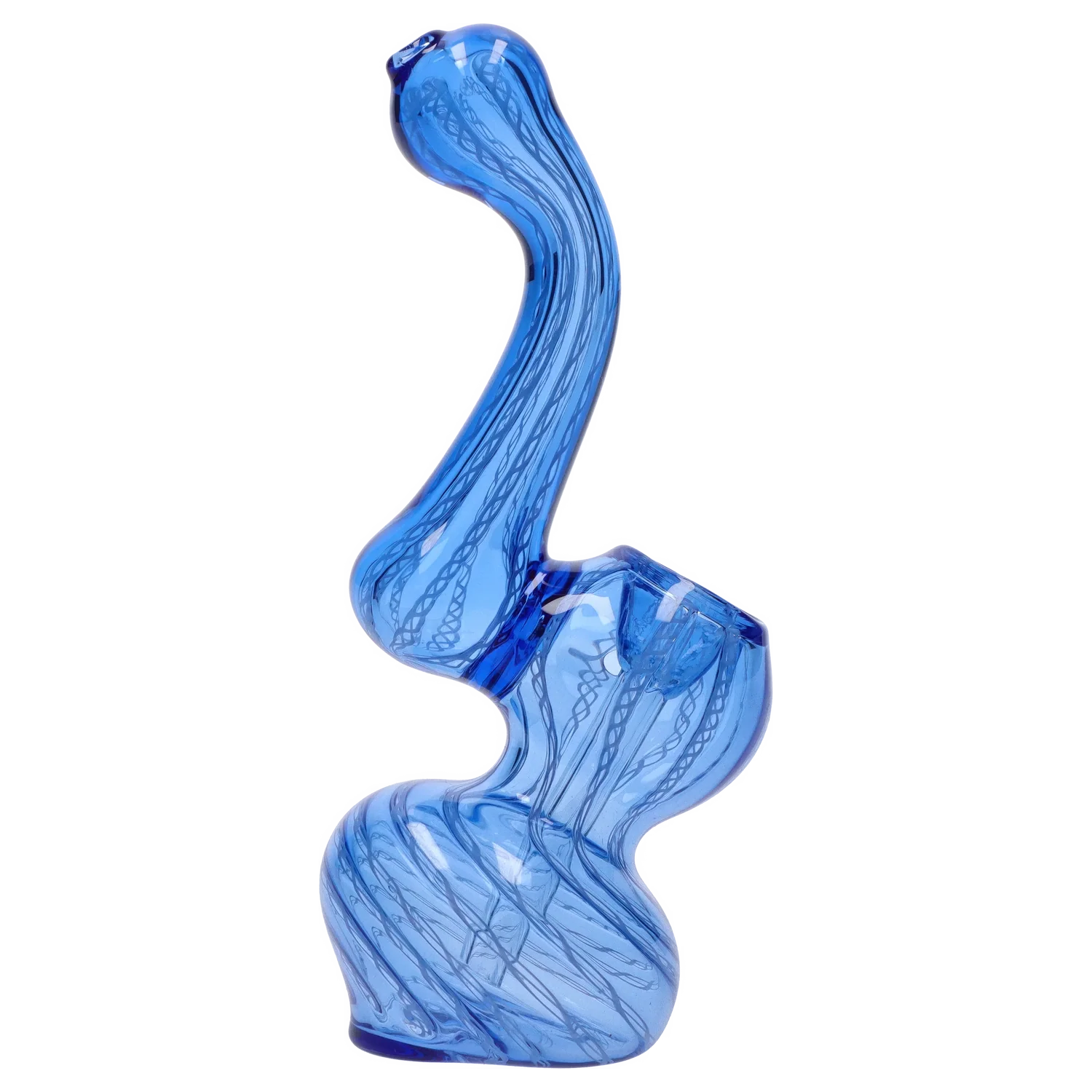 Side view of the Smoke Cartel Mini Bubbler with Colored Tube showing its curving blue glass body and internal twisted ribbon pattern.