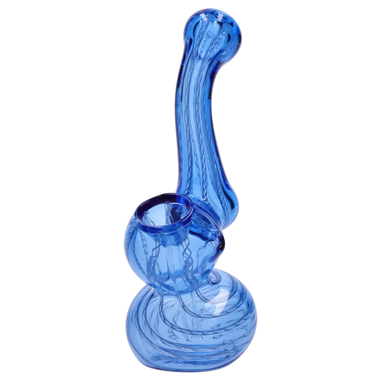 Close-up, angled view of the blue Smoke Cartel Mini Bubbler with Colored Tube showing its curving neck, bulbous chamber, and internal swirled glass patterns
