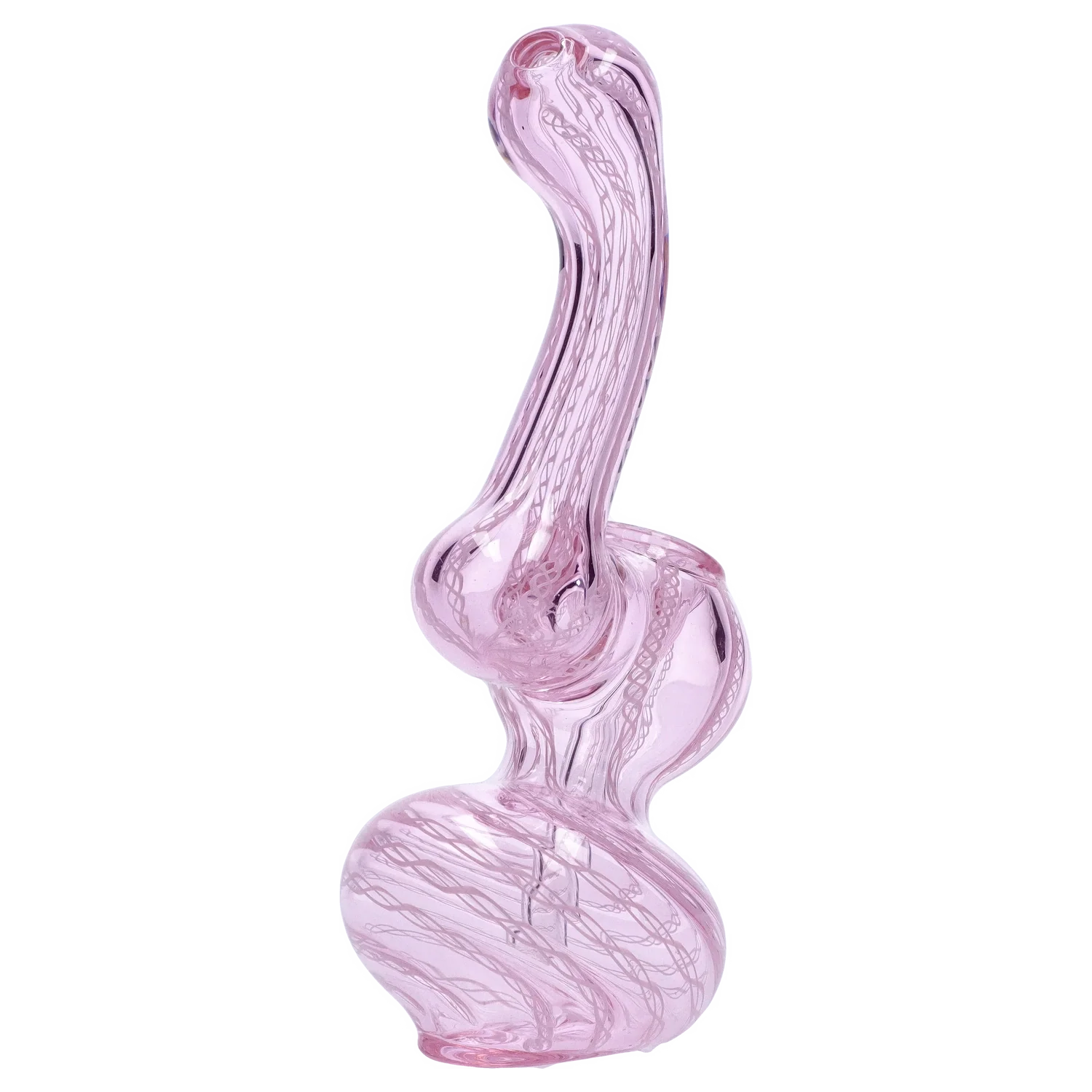 Tall side view of a translucent pink Smoke Cartel Mini Bubbler with Colored Tube showing its curved neck, bulbous chambers, and internal swirled cane pattern against a white background.