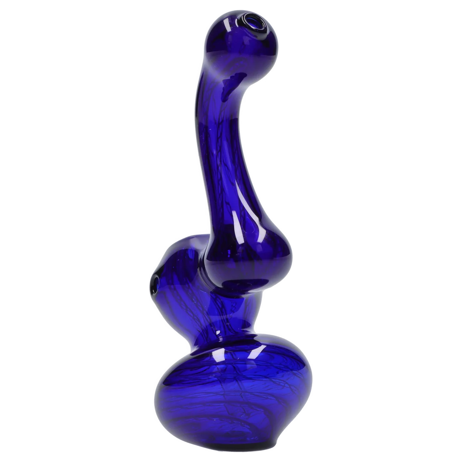 Angled close-up of a cobalt glass Smoke Cartel Mini Bubbler with Colored Tube showing its curved neck and bulbous chamber against a white background