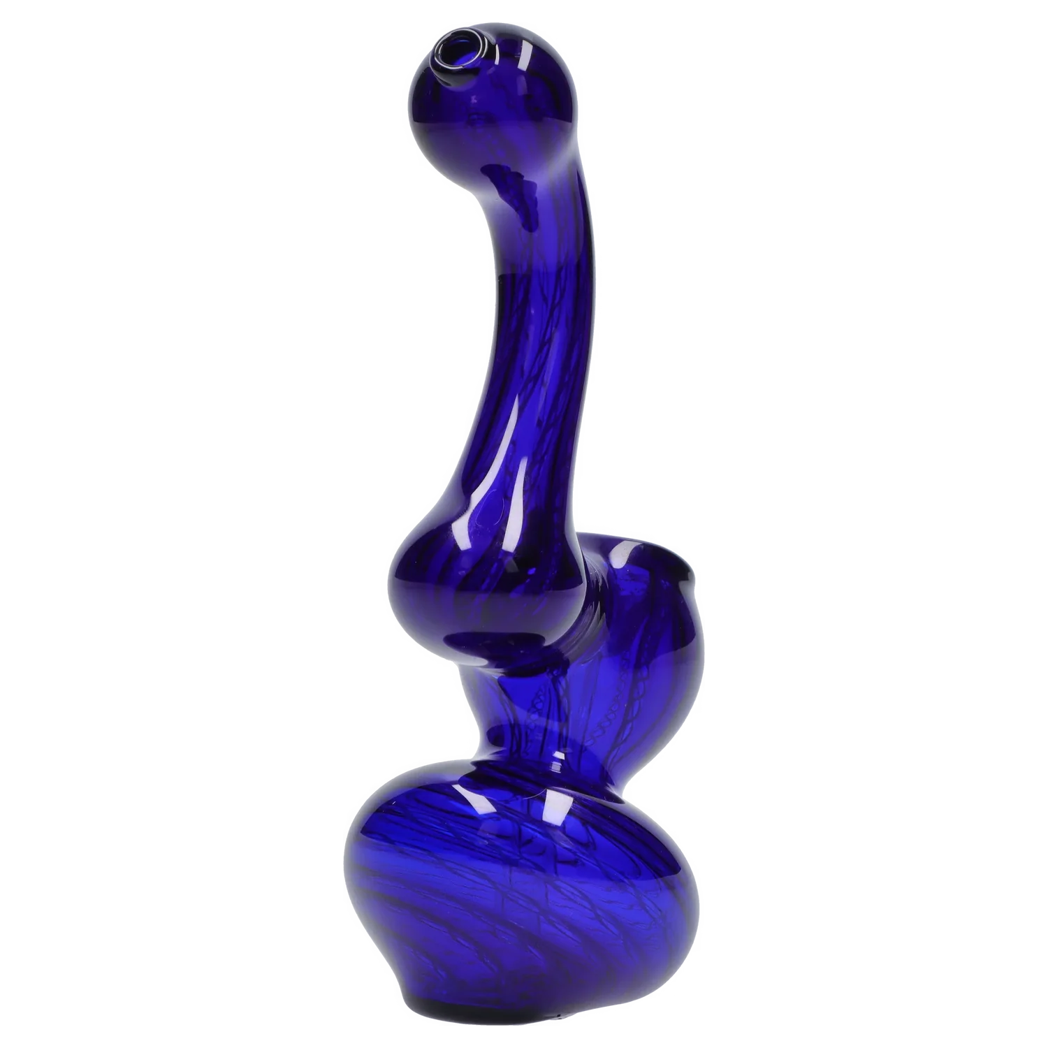 Angled close-up of the deep blue Smoke Cartel Mini Bubbler with Colored Tube showing its curved bubbled stem and glossy reflective surface
