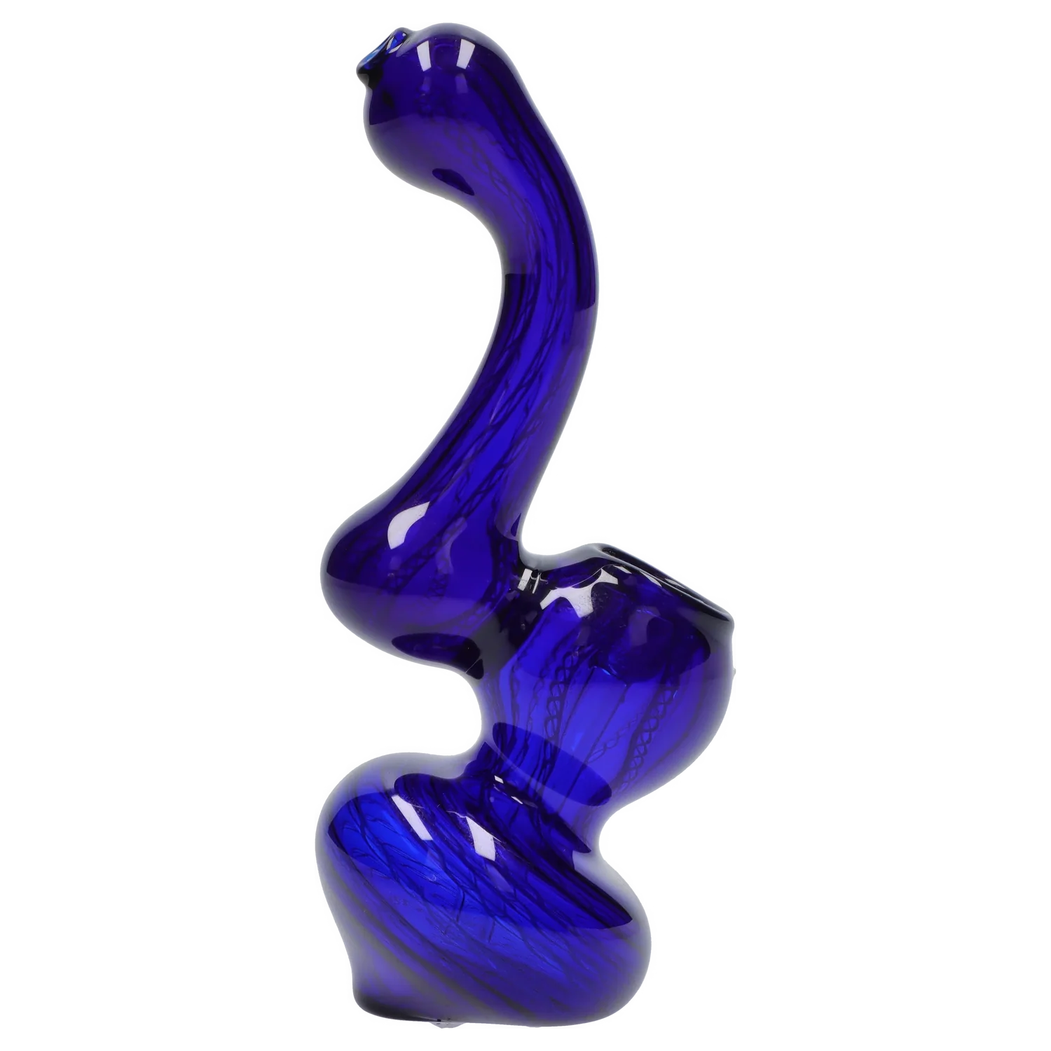 Side profile of a cobalt blue Smoke Cartel Mini Bubbler with Colored Tube showing its curving, twisted glass silhouette and glossy highlights.