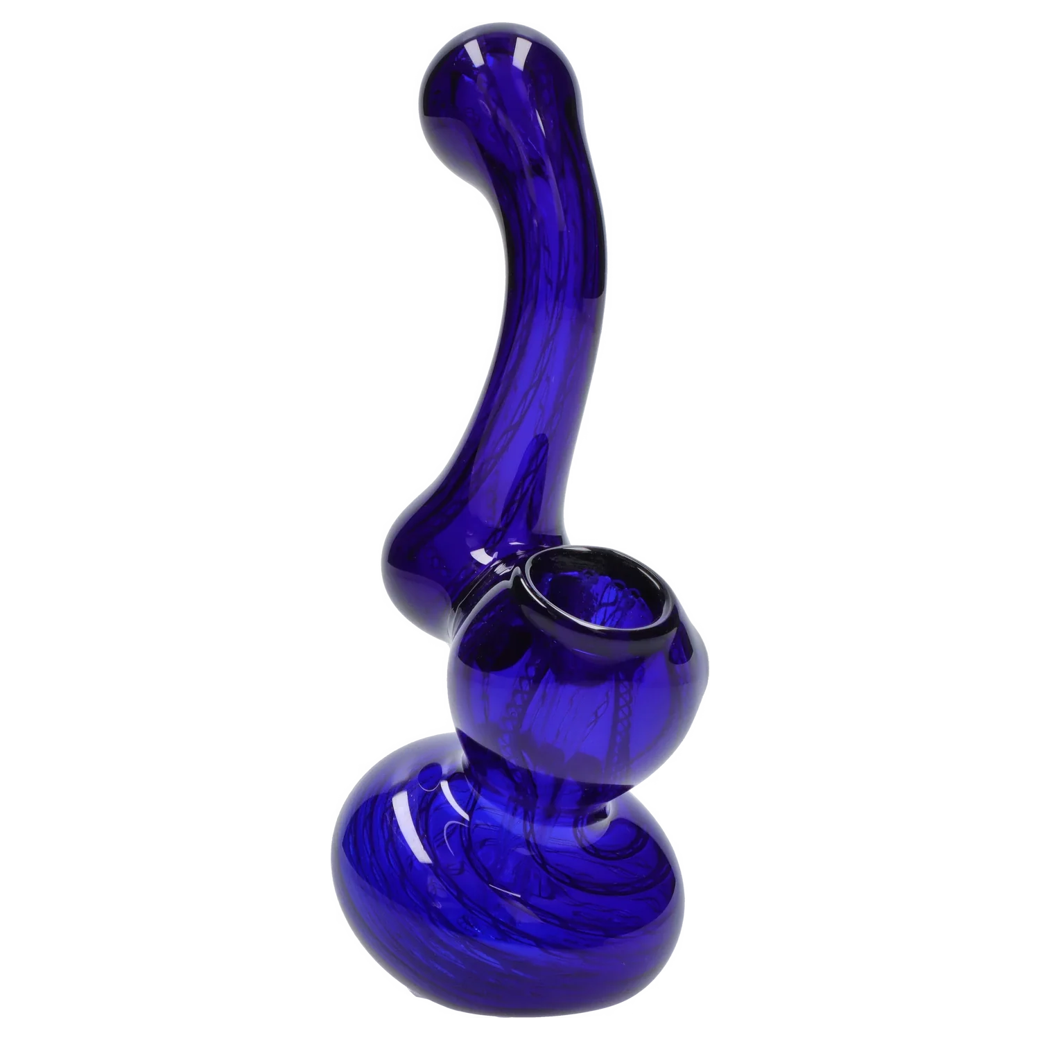 Angled close-up of the cobalt blue Smoke Cartel Mini Bubbler with Colored Tube showing its curved neck, bulbous chamber, and glossy reflective surface