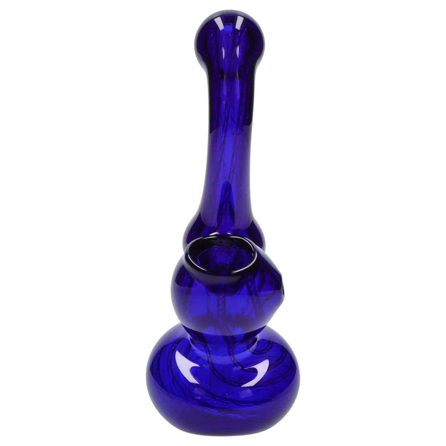 Top-down view of a deep cobalt glass Smoke Cartel Mini Bubbler with Colored Tube showing its rounded base, bulbous midsection and long neck against a white background