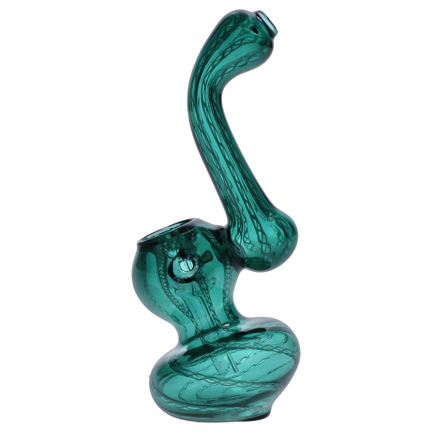 Angled close-up of a blue Smoke Cartel Mini Bubbler with Colored Tube showing its curved neck, bulbous chamber, and twisted internal glass pattern.