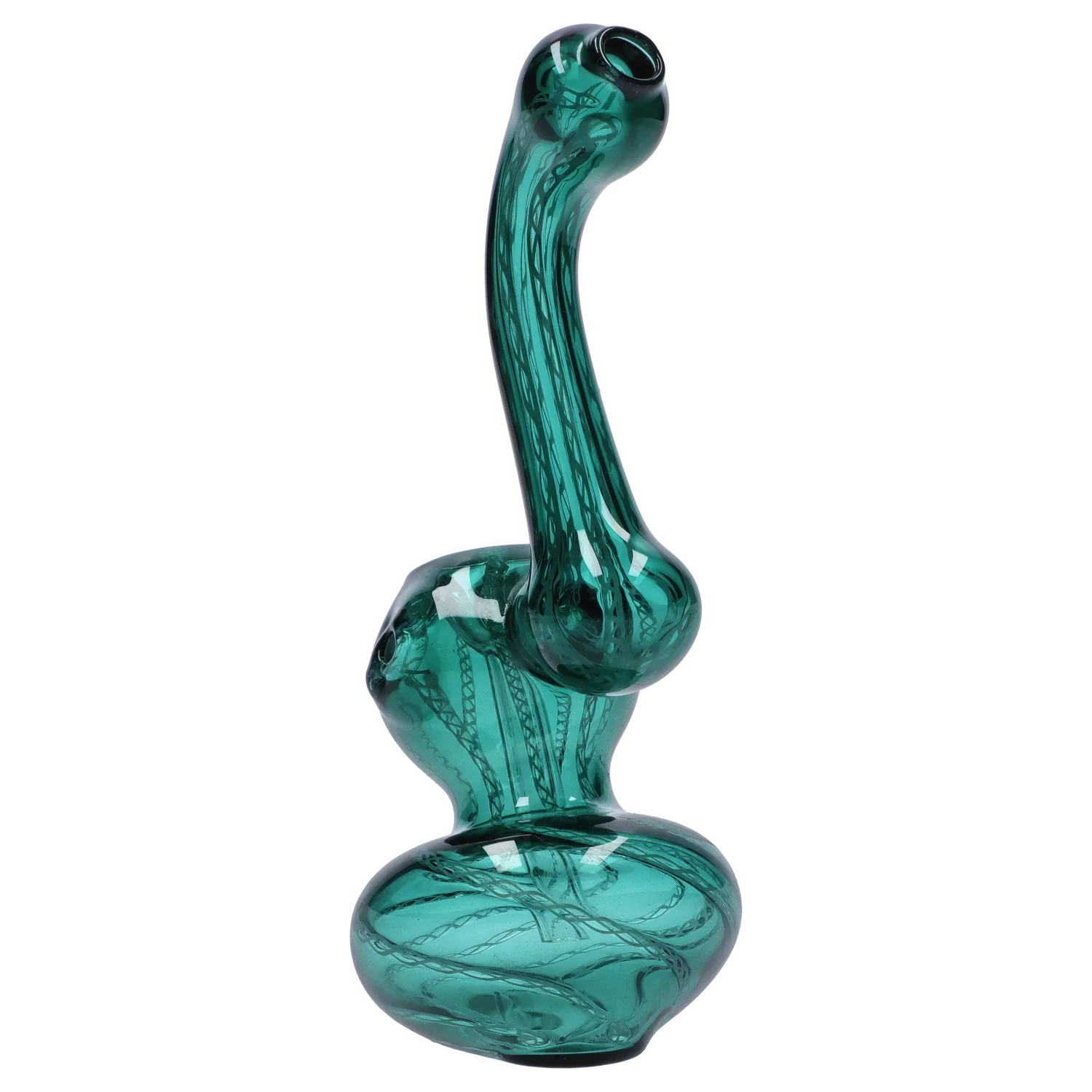 Angled close-up of the black Smoke Cartel Mini Bubbler with Colored Tube showing teal glass swirls and bulbous chambers against a white background