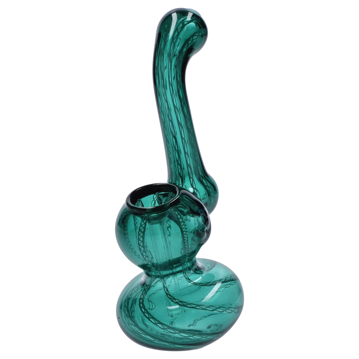 Angled close-up of the Smoke Cartel Mini Bubbler with Colored Tube showing a glossy green glass body and curved neck with dark twisted internal cane patterns.