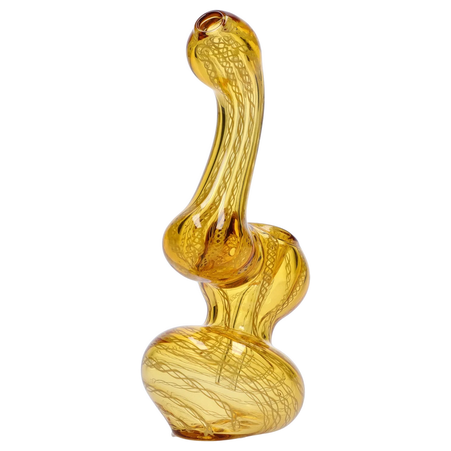 Angled close-up of a yellow glass Smoke Cartel Mini Bubbler with Colored Tube showing its twisted, bulbous form and internal spiral cane pattern.