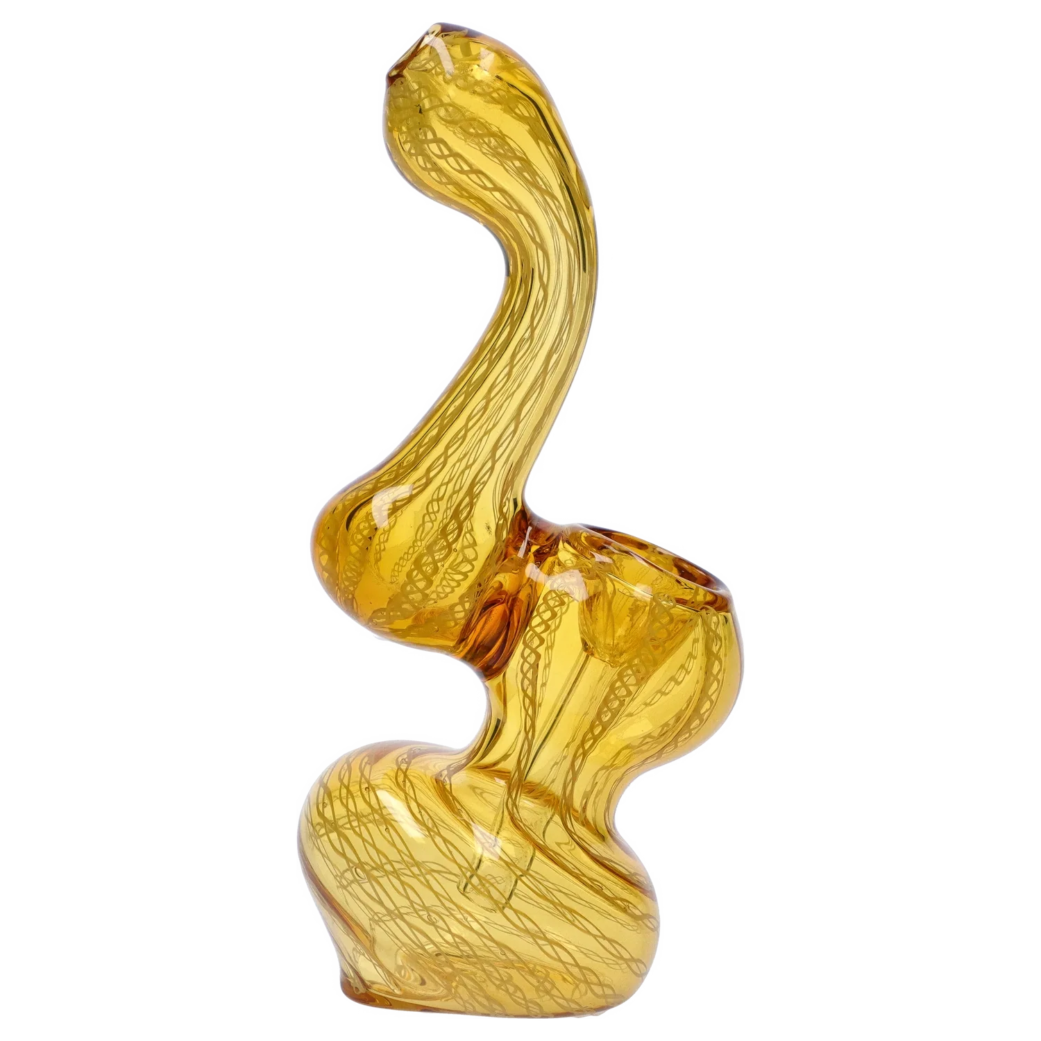 Side view of the amber-colored Smoke Cartel Mini Bubbler with Colored Tube showing its sinuous stacked-bubble glass form against a white background.