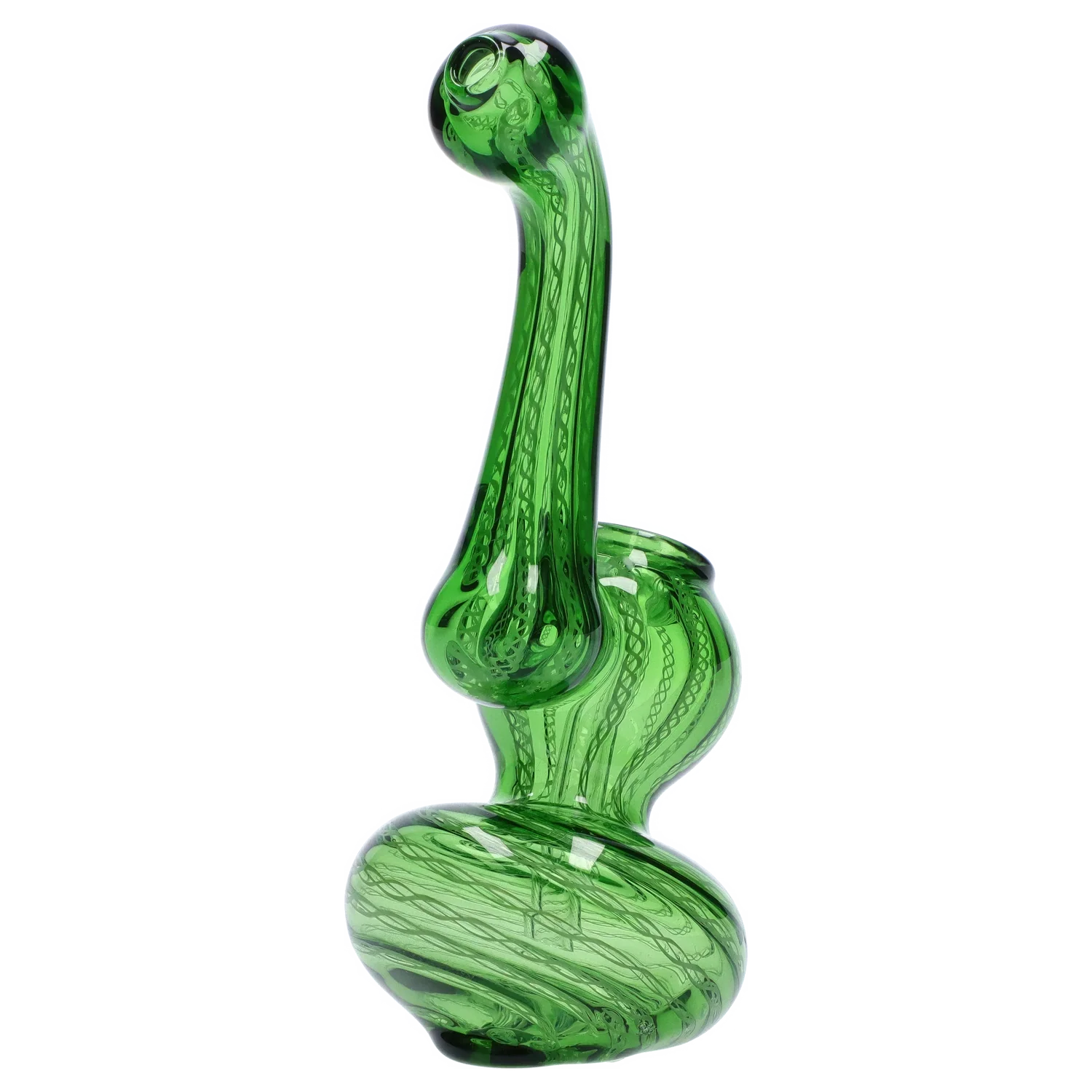 Tall side view of a translucent green Smoke Cartel Mini Bubbler with Colored Tube showing twisted internal cane patterns.