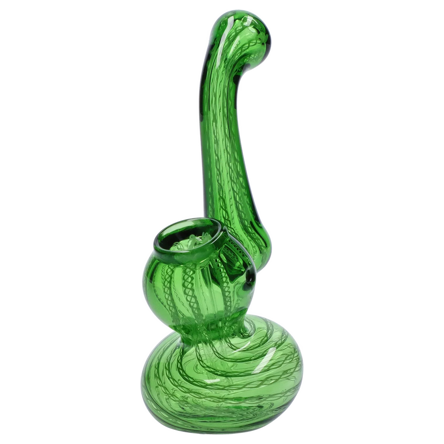 Angled close-up of a translucent green Smoke Cartel Mini Bubbler with Colored Tube showing its swirled glass body, curved neck, and rounded bowl.