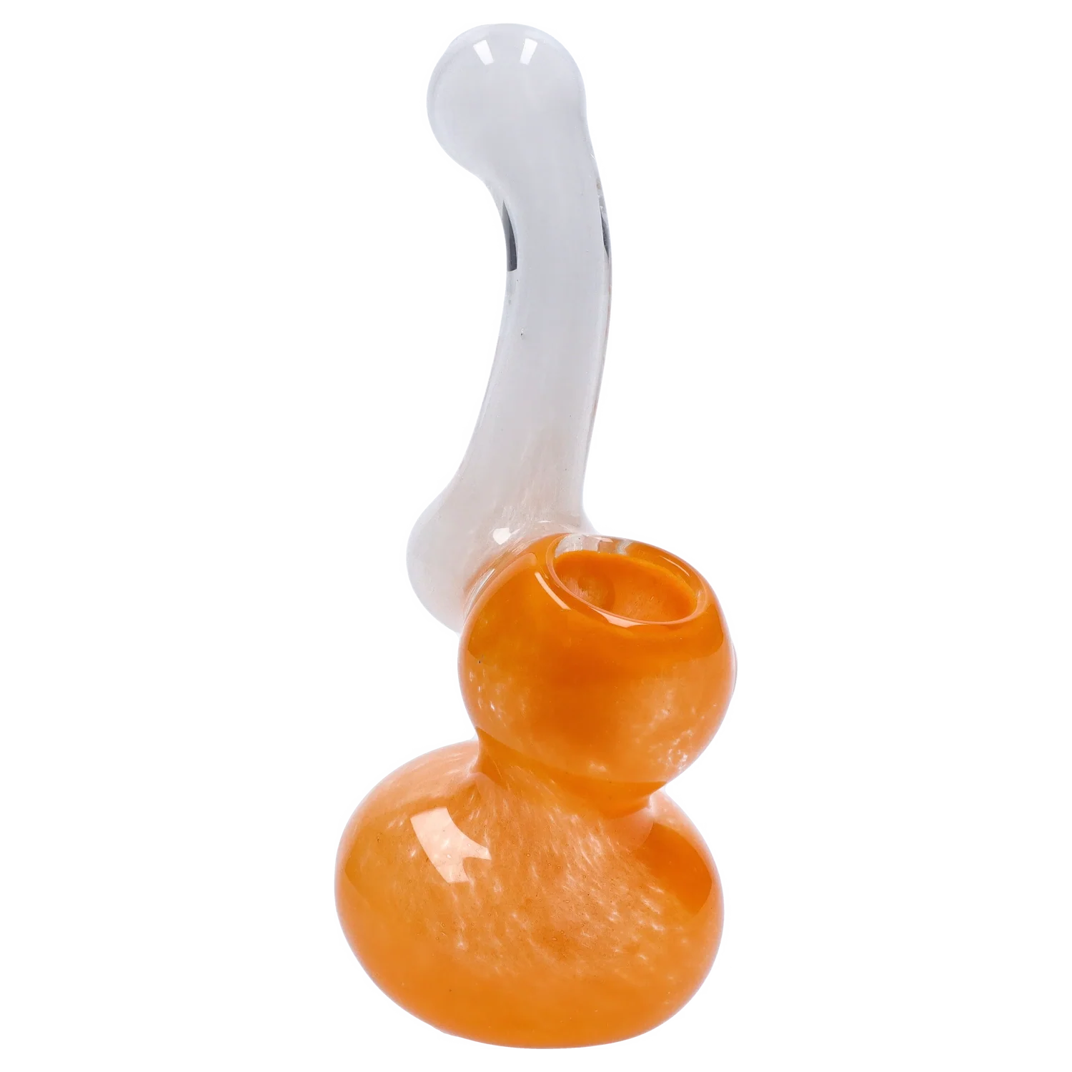 Angled close-up of the Smoke Cartel Mini Bubbler with Colored Tube showing its glossy orange double-chamber base and clear curved neck against a white background