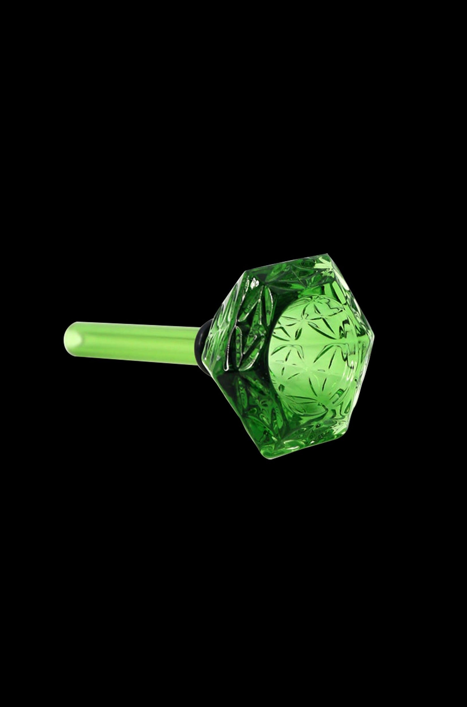 Green glass cannabis water pipe with a geometric, faceted design.