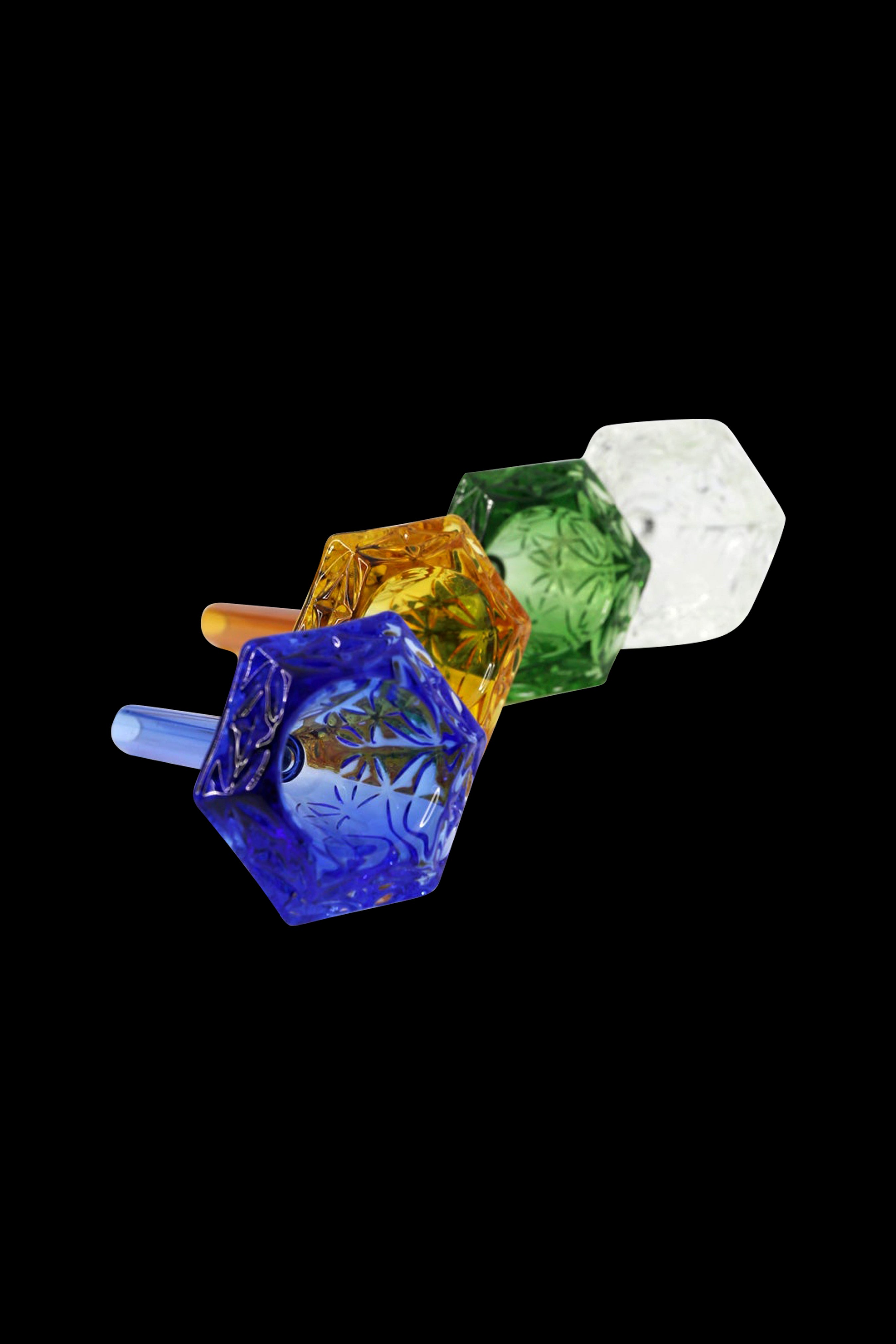 Glass cannabis pipe with a colorful, geometric design.