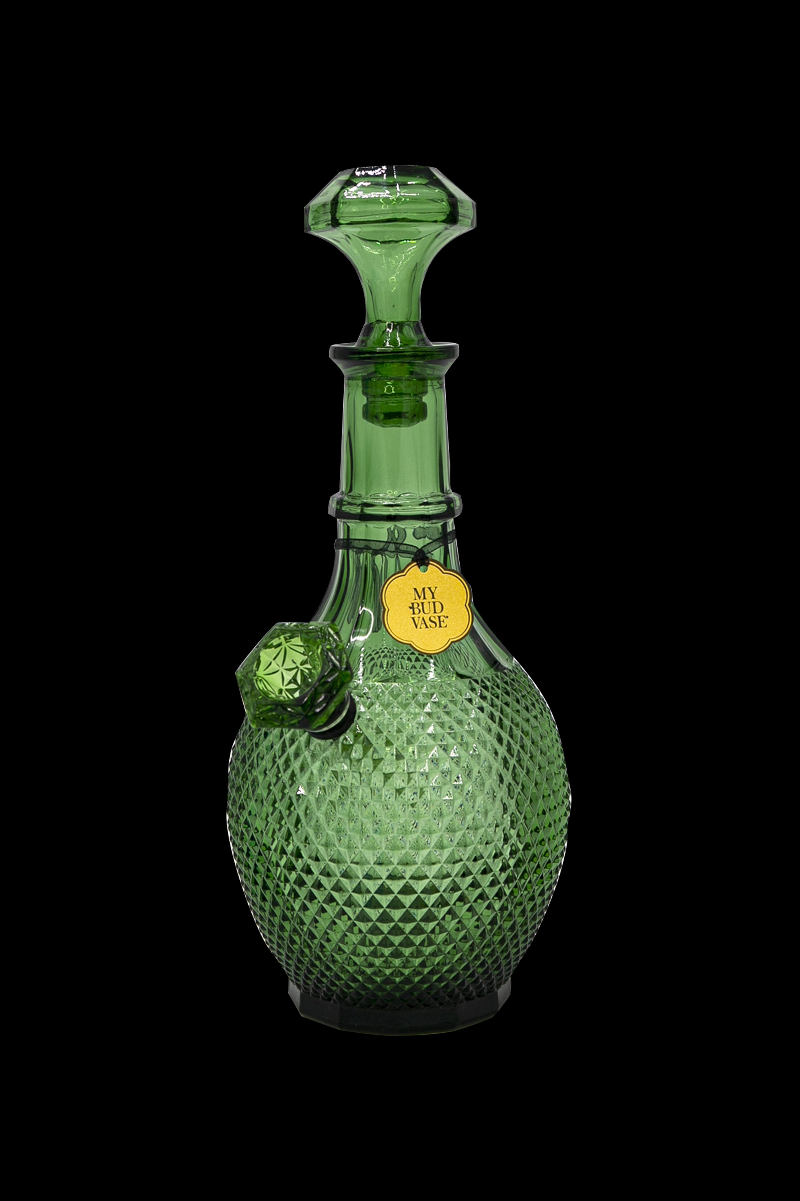 Green glass cannabis water pipe with a diamond-textured body and gold label reading "My Bud Vase."