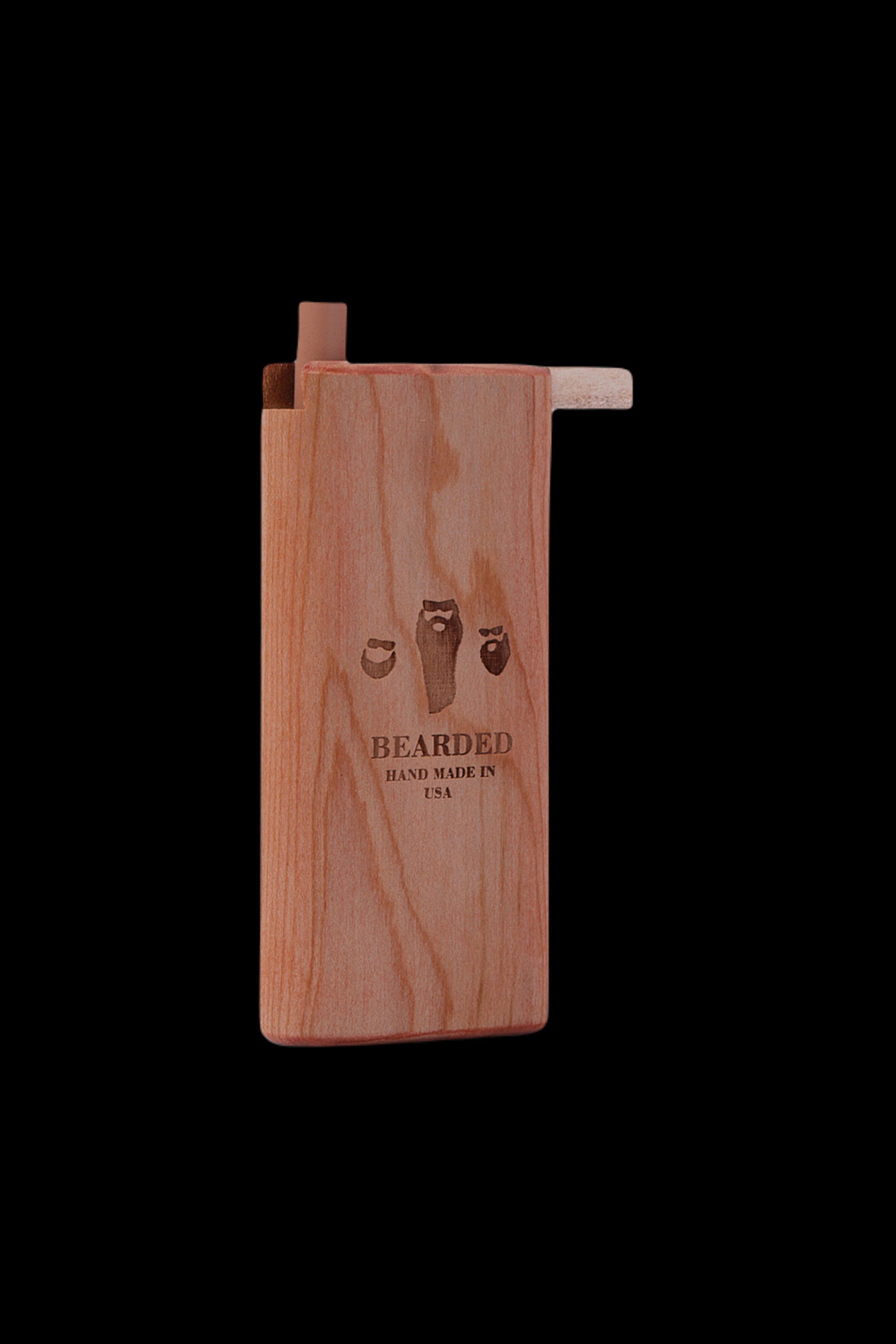 Wooden dugout with “Bearded Hand Made USA” engraved on the side.