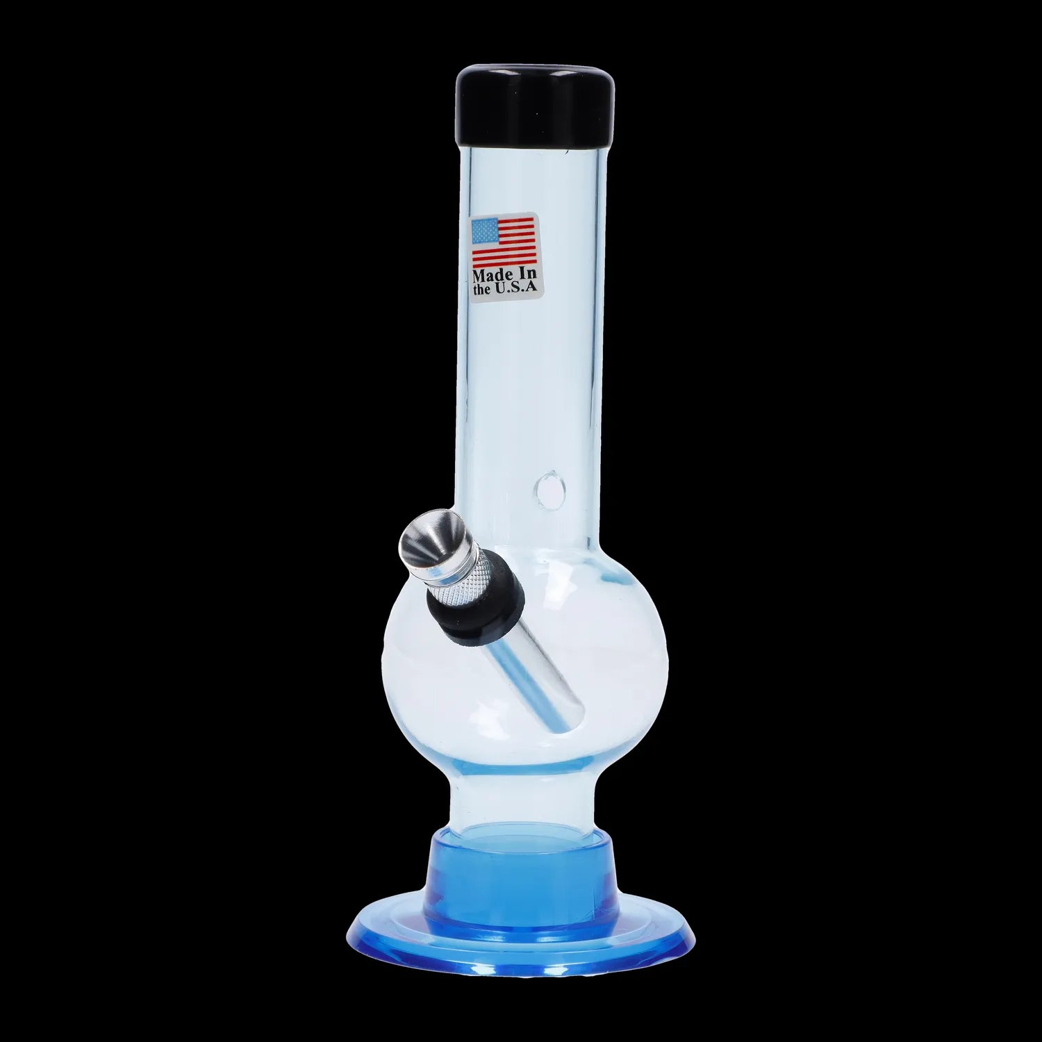 Front view of the 6-inch JM Plastics Mini Bubble Base with Carb Hole Acrylic Water Pipe, showing its clear blue acrylic construction.