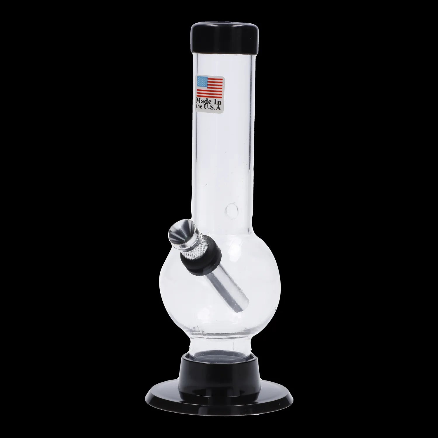 A front view of the 6-inch JM Plastics Mini Bubble Base with Carb Hole Acrylic Water Pipe, showcasing its clear acrylic construction.